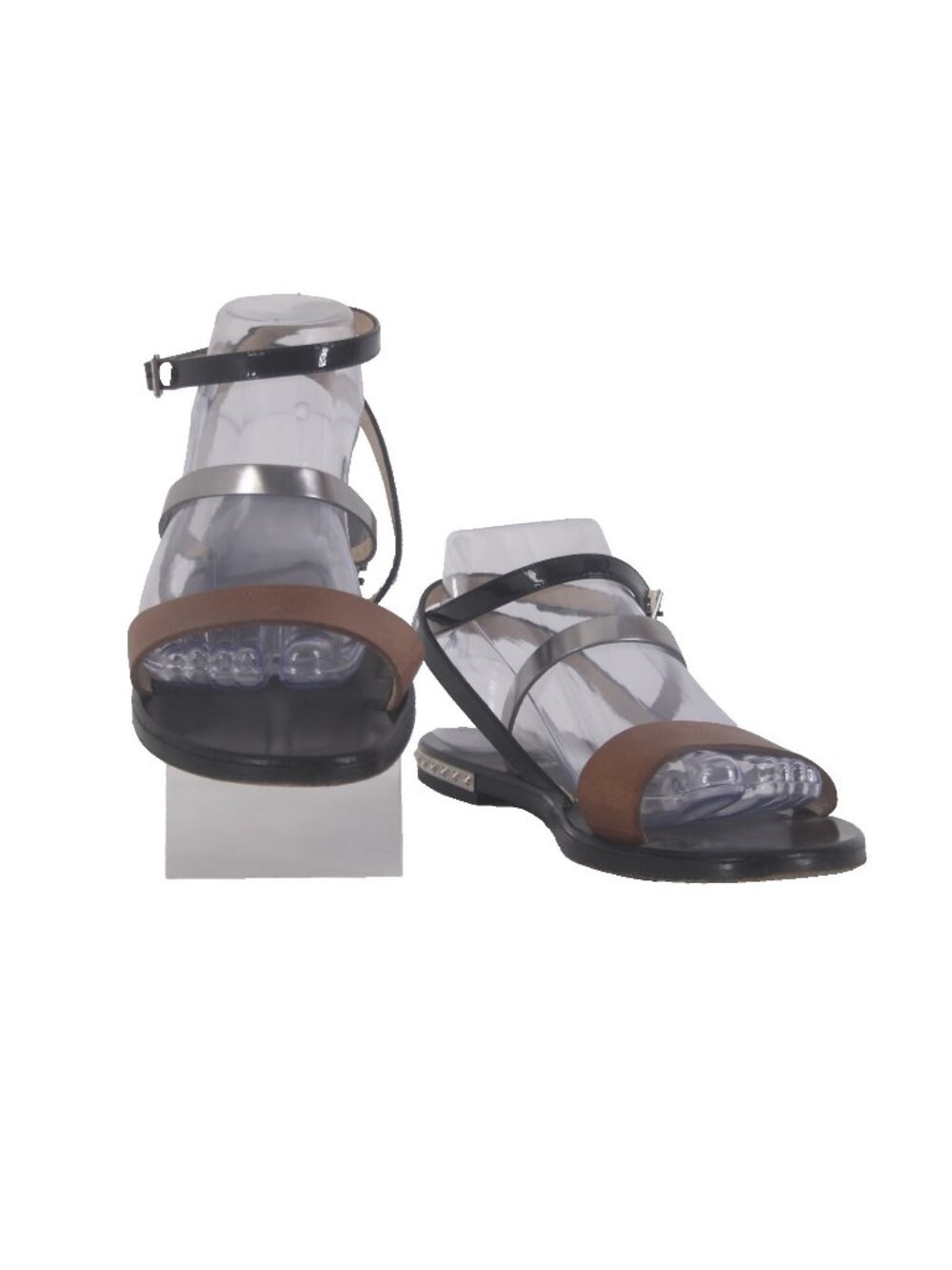Jimmy Choo Sandals Sz 40 Brown Black Silver Ankle Strap Leather .5" Sandals